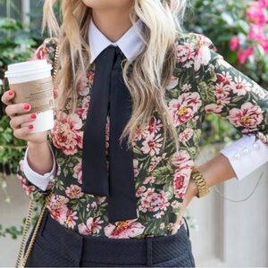 Zara Black and Pink Floral Blouse with Bow and Pearl elements
